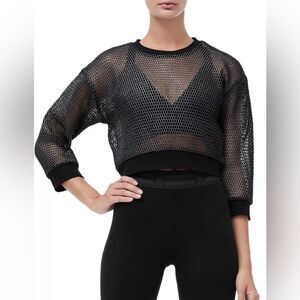 Good American Branded Mesh Sweatshirt Ribbed Cuffs & Waist Silver Black Size 1/S